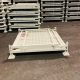 Photo shows MightyLoad Pallet Cage in fully collapsed position, which saves space and allows the pallet cages to be stacked when no in use