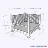 Technical drawling of a skeletonised half front stillage with mesh sides and an angled base.