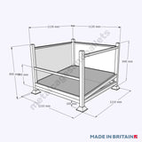 Technical drawling of a skeletonised half front stillage with solid sheet sides and an angled base.
