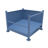 Blue metal skeletonised half front stillage with solid sheet sides and an angled base.