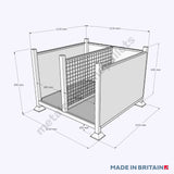 Technical drawing of a solid sheet metal stillage bin with a mesh divider.