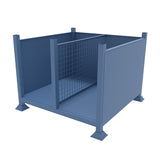 Blue solid sheet metal stillage bin with a mesh divider.