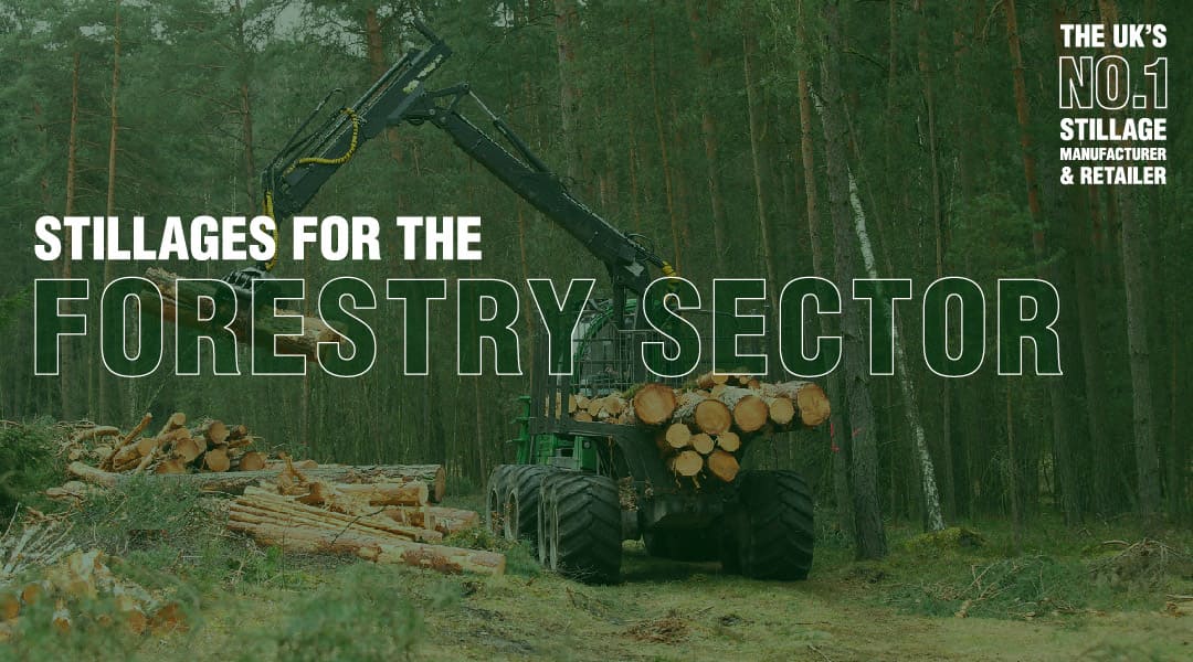 Heavy duty vehicle with crane holding logs inside of a forest.