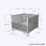 Technical drawling of a half front stillage with mesh sides and an angled base.