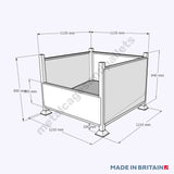 Technical drawling of a half front stillage with solid sheet sides and an angled base.