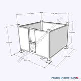 Techincal drawing of stillage bin with sliding hatch door open.