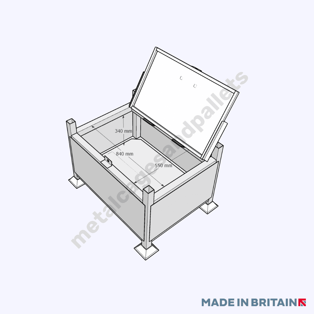 Technical drawing of open view of Lockable Stillage with Solid Sides and Lid, perfect for storing valuable items on site