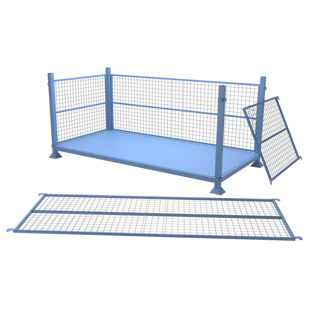 Drawing of our extra large mesh sides stillage cage featuring 4 lift off sides, allowing easy access to goods even when the stillages are stacked.