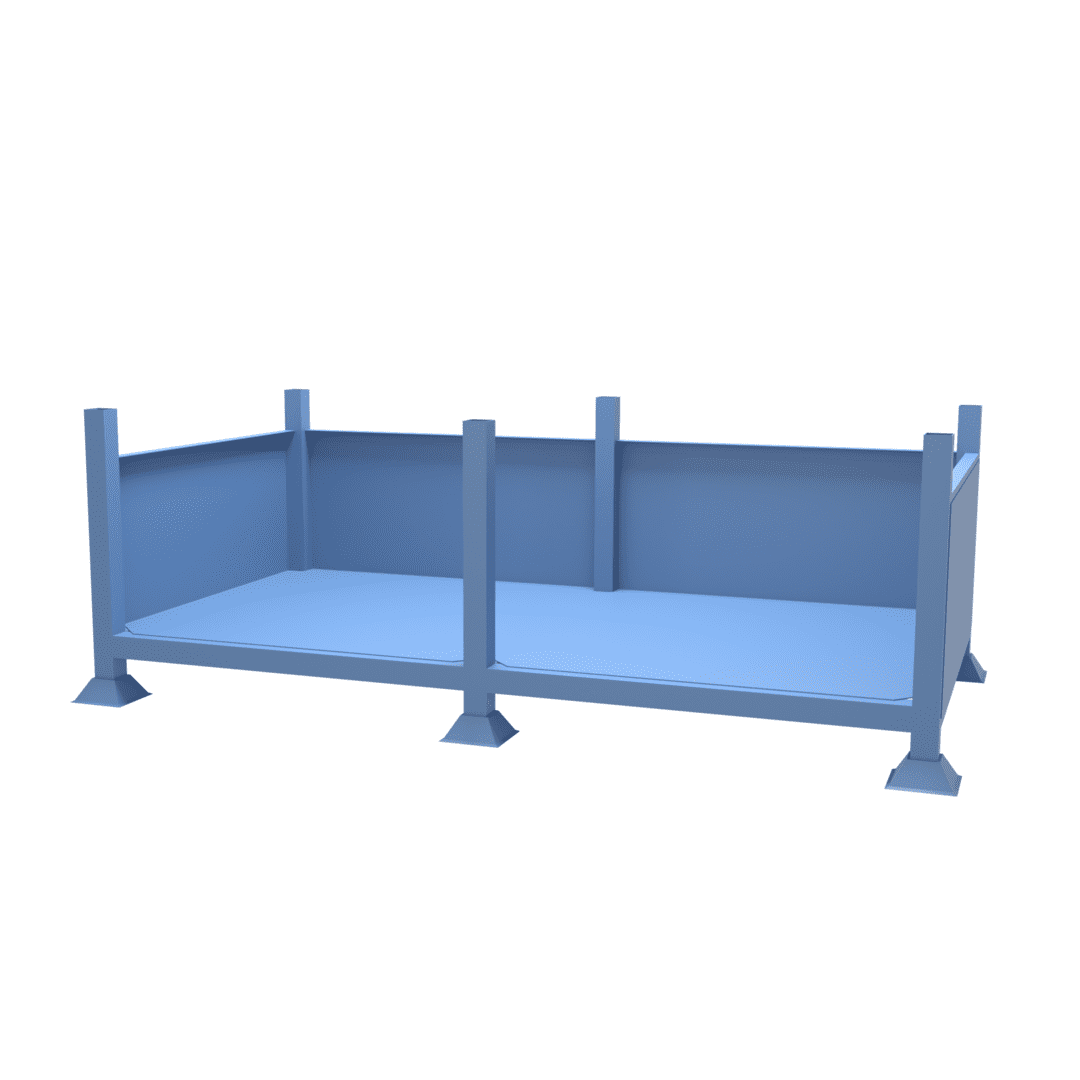 Drawing of our extra wide stillage unit which features a double width design, solid sheet metal sides and an open front section, perfect for industrial and heavy use