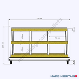 Front view technical drawing of short profile heavy duty A-frame glass stillage trolley measuring 2300w 1400h