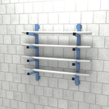 Heavy duty wall mounted cantilever rack for storage of pipes and other long length materials in the workplace