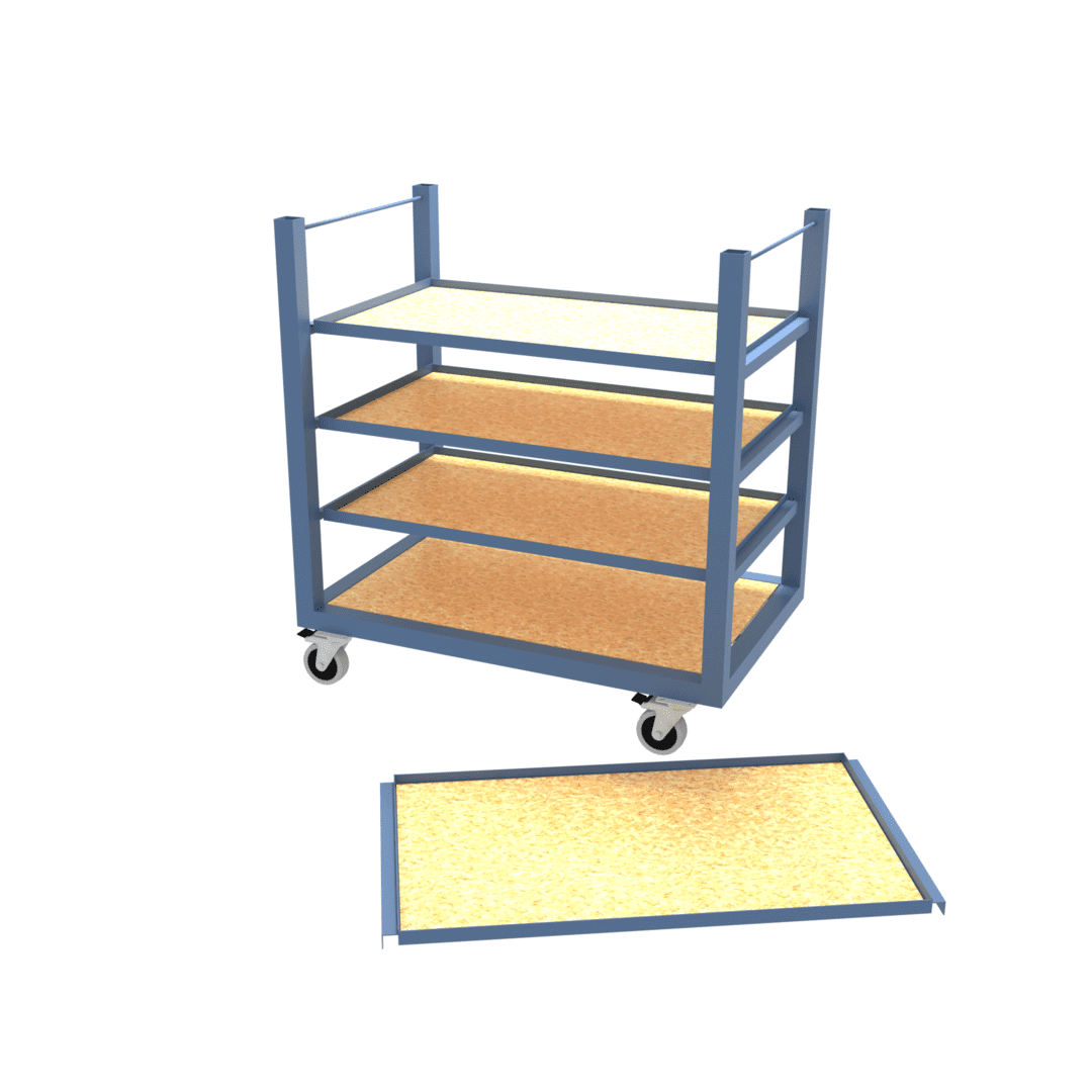 Industrial distribution trolley featuring removable shelves, perfect for heavy duty usage
