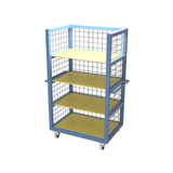 Photo of our industrial shelf stock trolley featuring mesh sides and heavy plywood shelves, fitted with heavy duty castor wheels