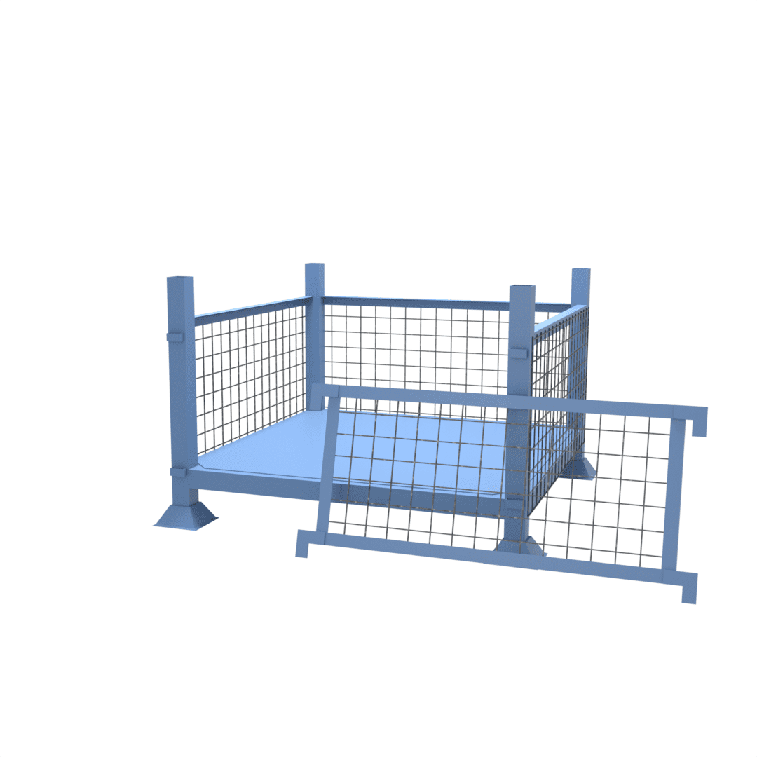 Drawing of our mesh stillage cage with mesh sides and a handy detachable front panel which provides easy access to goods when the stillages are stacked