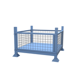 Drawing of our mesh stillage cage with mesh sides, a solid metal base and a detachable front panel
