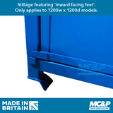 Image shows metal stillages with inward facing foot
