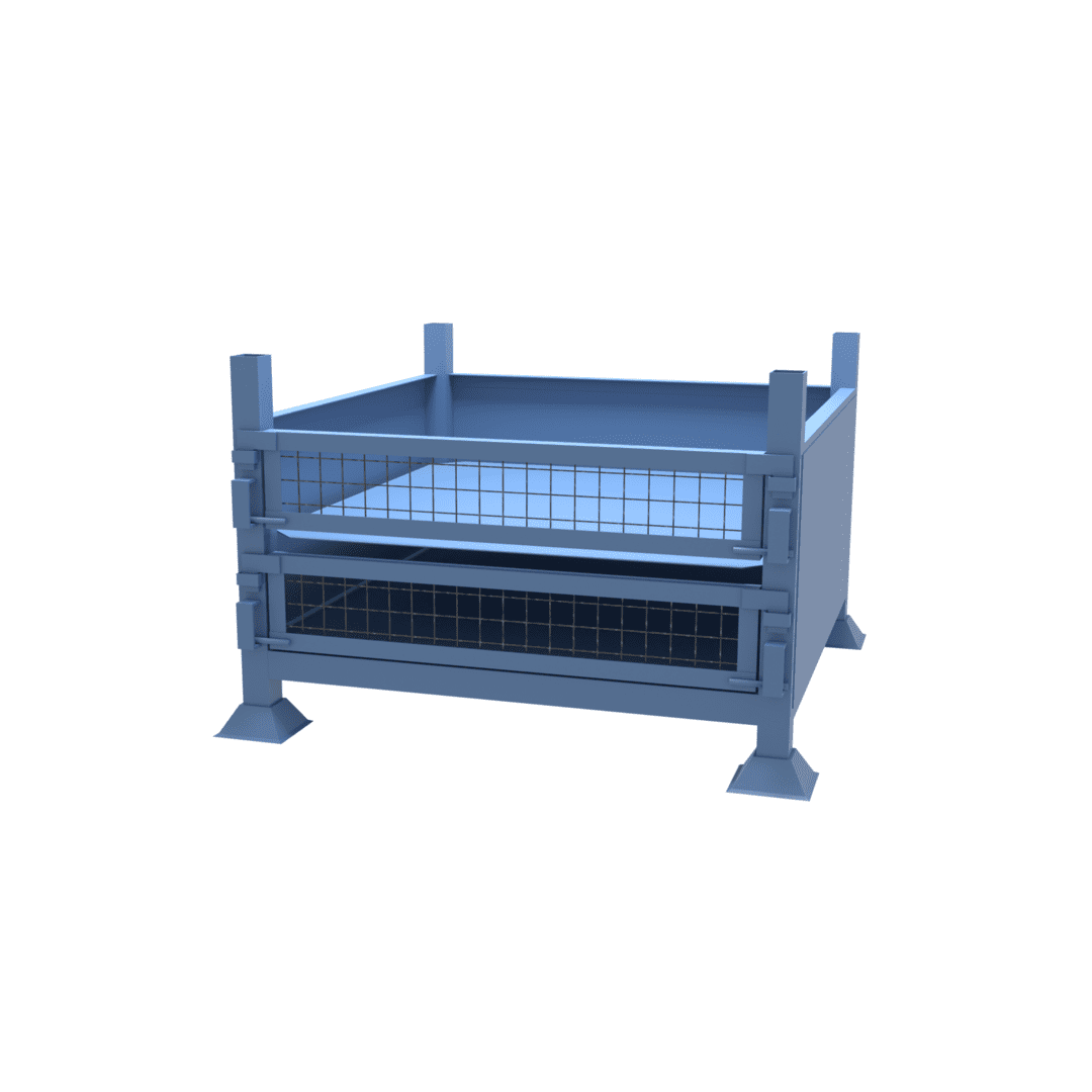 Drawing of our stillage featuring solid metal sides and a double drop fronted doors and shelf system.