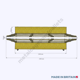 Top view technical drawing of short profile heavy duty A-frame glass stillage trolley measuring 2300w 1400h