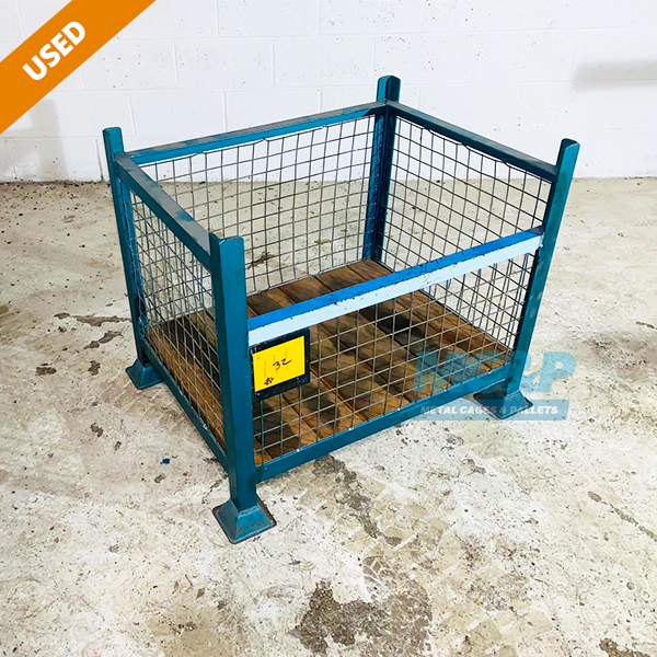 A refurbished mesh sided stillage with solid timber base.